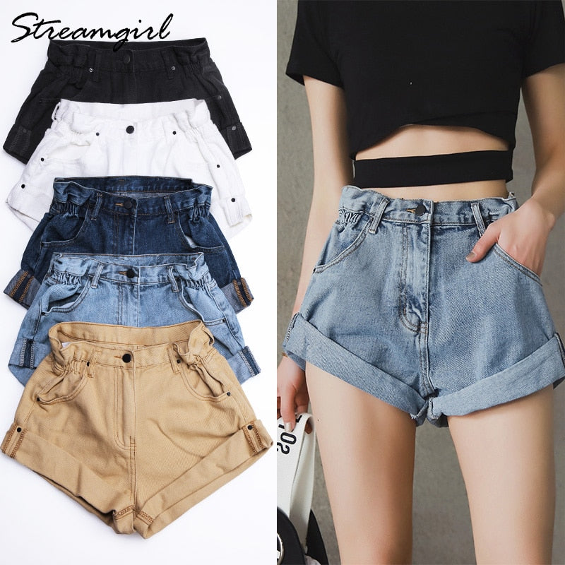 Streamgirl Denim Shorts Women's White Women Short Jeans Khaki Wide Leg Elastic Waist Vintage High Waist Shorts Women Summer