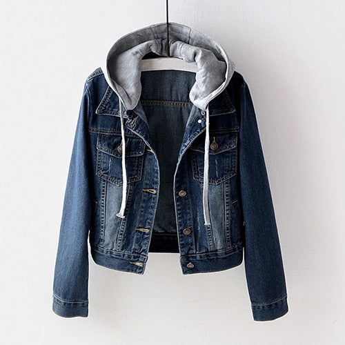 Vintage Denim Jacket Women Autumn Coat Ripped Hooded Outerwear Coats Windbreaker Basic Boyfriend Female Jeans Jacket Plus Size