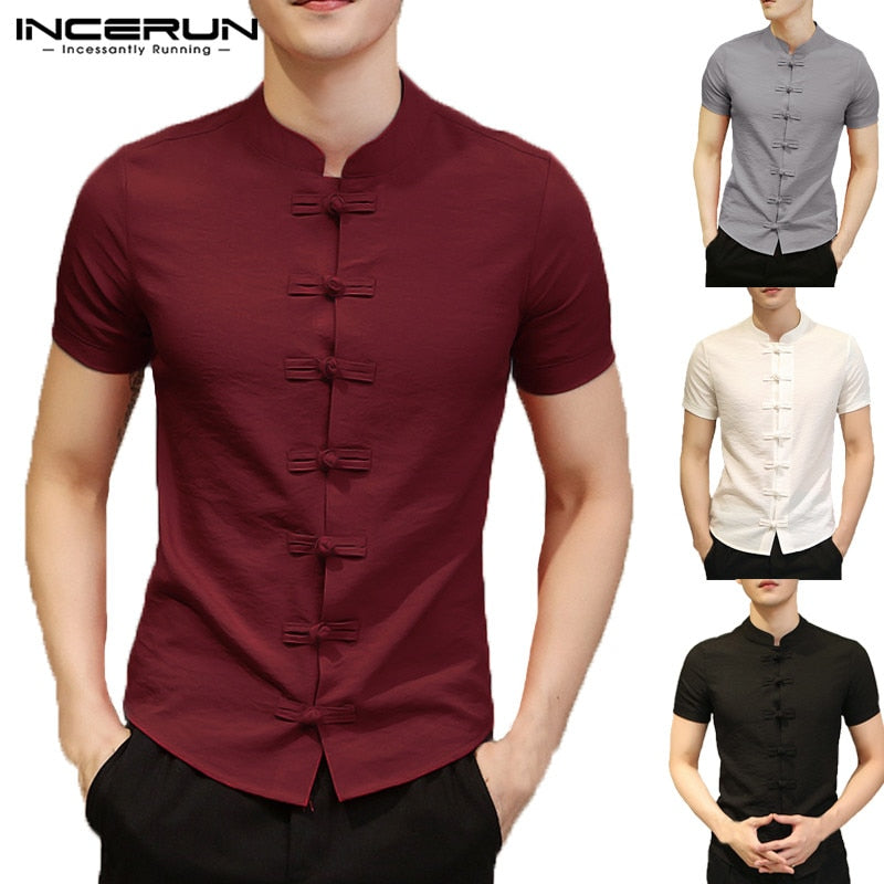 2019 Vintage Mens Shirts Dress Short Sleeve Button Down Slim Fit Summer Chinese Style Tee Tops Male Clothing Camisas Masculina